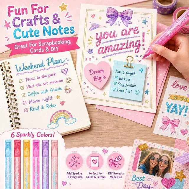 Alt view image 5 of 7 - Glitter Highlighters, Aesthetic Pink Sparkly Highlighters Assorted Colors | Dual Tip Glitter Highlighter, Cool Metallic Highlighters for Journal Planner, School Office Art Supplies