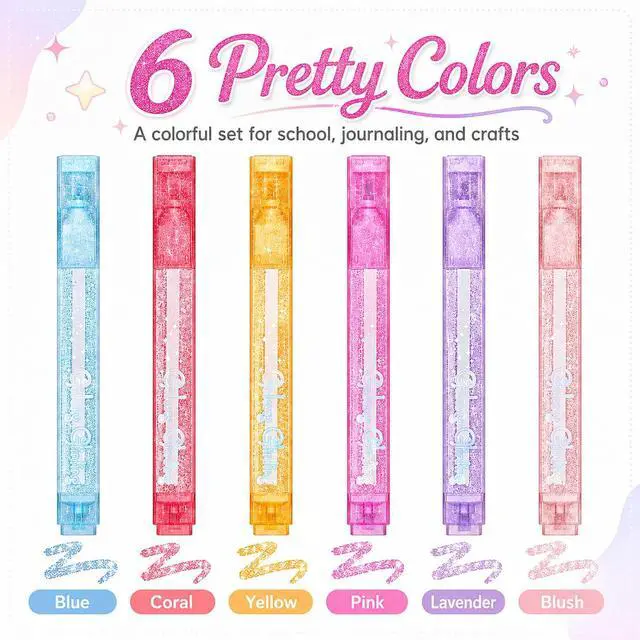 Alt view image 7 of 7 - Glitter Highlighters, Aesthetic Pink Sparkly Highlighters Assorted Colors | Dual Tip Glitter Highlighter, Cool Metallic Highlighters for Journal Planner, School Office Art Supplies