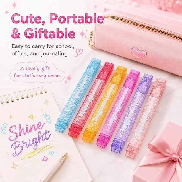 Alt view image 6 of 7 - Glitter Highlighters, Aesthetic Pink Sparkly Highlighters Assorted Colors | Dual Tip Glitter Highlighter, Cool Metallic Highlighters for Journal Planner, School Office Art Supplies