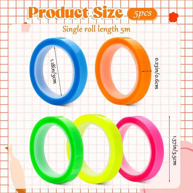Alt view image 2 of 7 - 5 Rolls Highlighter Tape Colored Transparent Marking Sticker Removable Fluorescent Neon Tape Annotation Supplies for Teachers Students Reading Home Office (0.23inch X 16ft)