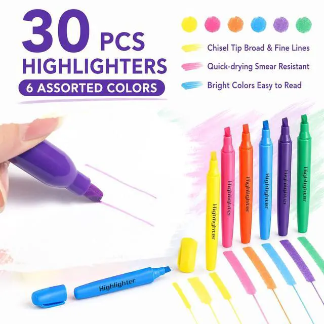 Alt view image 6 of 7 - 30Pcs Highlighters in 6 Assorted Colors Chisel Tip Highlighters No Bleed | Quick Dry, for Studying, Note-Taking, School, College, Office, Teacher & Student Supplies