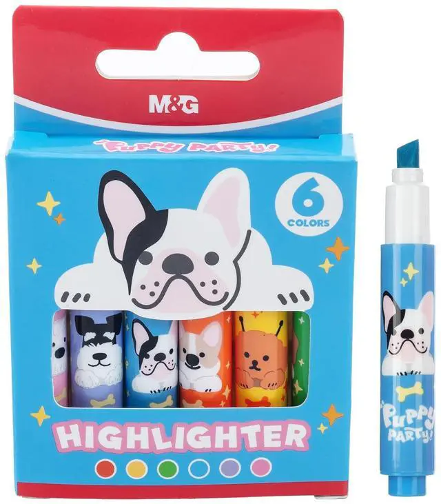 Main image of 6 Pack Mini Highlighters, Assorted Fluorescent Colors, Cute Puppy Design Highlighter Pens, Quick Dry Chisel Tip, No Bleed Highlighters for School Office SuppliesMulticolor