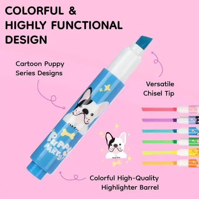 Alt view image 3 of 7 - 6 Pack Mini Highlighters, Assorted Fluorescent Colors, Cute Puppy Design Highlighter Pens, Quick Dry Chisel Tip, No Bleed Highlighters for School Office SuppliesMulticolor