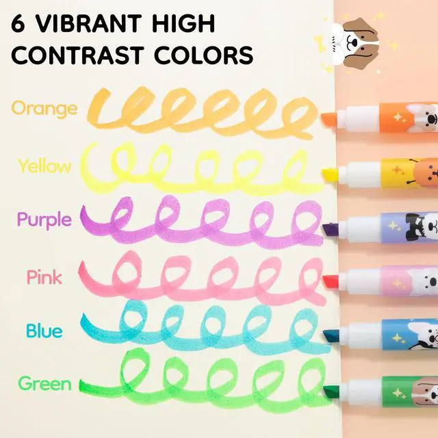 Alt view image 5 of 7 - 6 Pack Mini Highlighters, Assorted Fluorescent Colors, Cute Puppy Design Highlighter Pens, Quick Dry Chisel Tip, No Bleed Highlighters for School Office SuppliesMulticolor