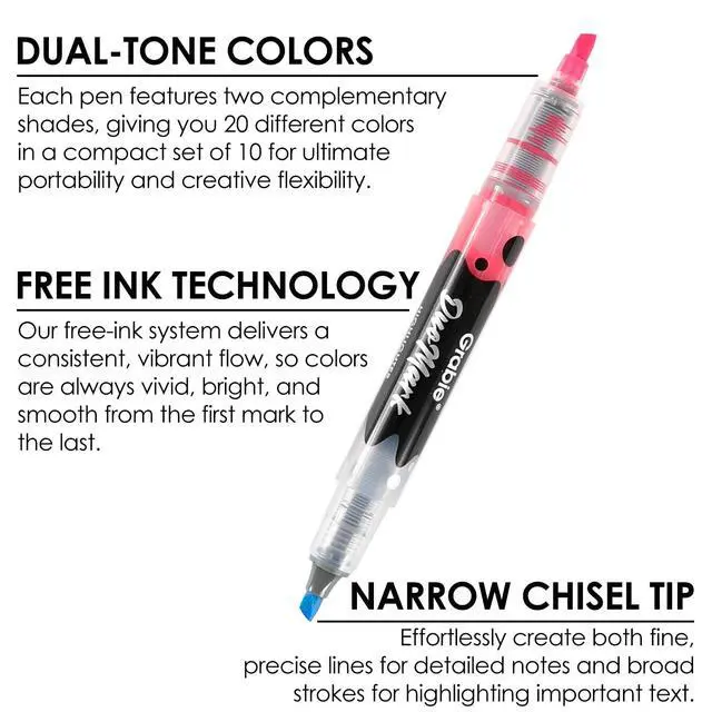Alt view image 2 of 7 - 20 Dual Tip Colors Highlighters, DuoMark Highlighter Set of 10, Dual Tone Highlighters Assorted Colors, Versatile Chisel Tip, Highlighter Markers, Note-taking