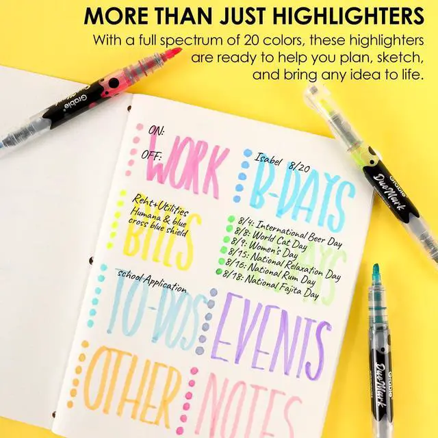 Alt view image 6 of 7 - 20 Dual Tip Colors Highlighters, DuoMark Highlighter Set of 10, Dual Tone Highlighters Assorted Colors, Versatile Chisel Tip, Highlighter Markers, Note-taking