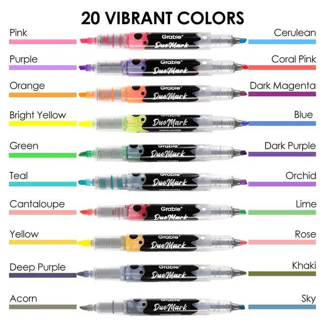 Alt view image 7 of 7 - 20 Dual Tip Colors Highlighters, DuoMark Highlighter Set of 10, Dual Tone Highlighters Assorted Colors, Versatile Chisel Tip, Highlighter Markers, Note-taking