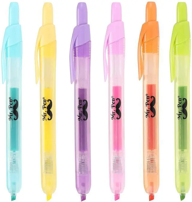 Main image of Retractable Highlighters, 6 Pack, Pastel Colors | Chisel Tip Highlighter Marker Set, Click Highlighter Markers for Classroom, Journaling, Study Supplies