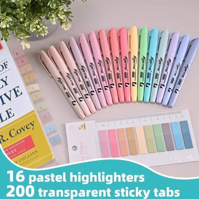 Alt view image 2 of 7 - Pastel Highlighters Assorted Colors 16 Pack, 200 transparent sticky tabs, Chisel Tip Cute Aesthetic Highlighters Quick-Drying for Journaling, School Office Supplies