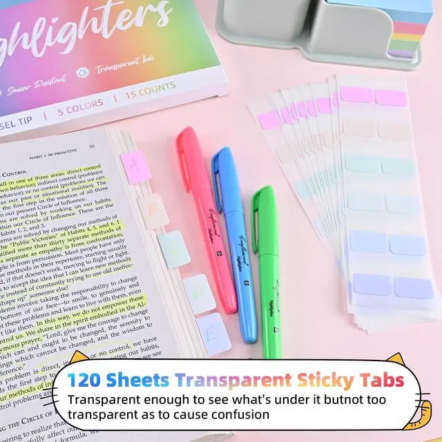 Alt view image 2 of 7 - Assorted Colors Fluorescent Highlighters, 15 Count, with 120 Pcs Sticky Index Tabs, Chisel Tip Colored Highlighter Bulk, Quick Drying, Perfect for Students Adults Classroom, School, Office