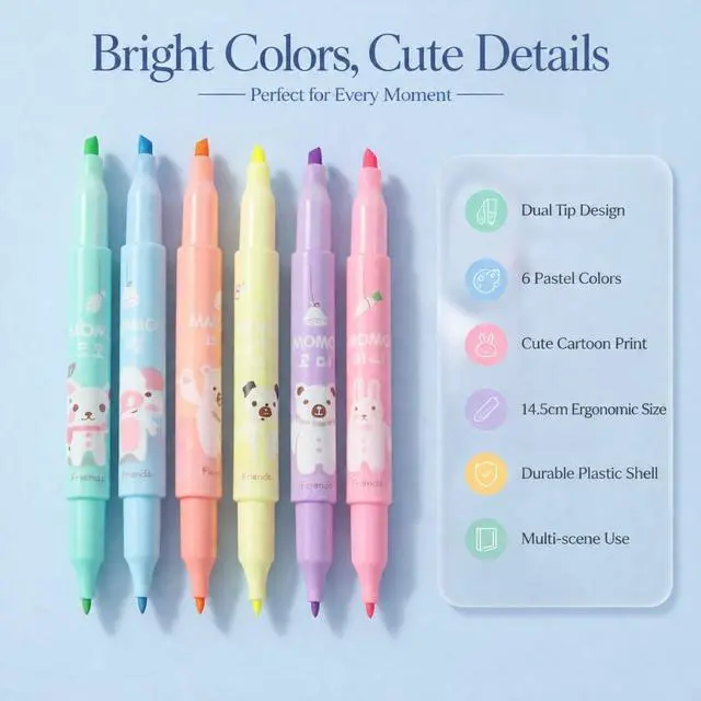 Alt view image 4 of 7 - Double-Ended Highlighters Set 6 Pack, Bible Safe Gel Markers, Quick Dry, 6 Bright Colors for Journaling, Note Taking, Office Supplies