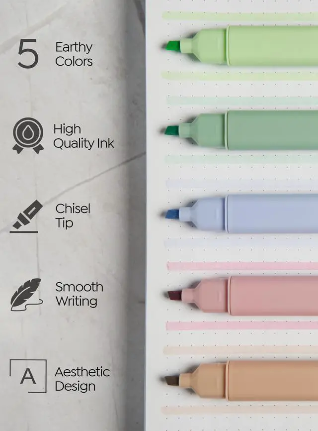Alt view image 2 of 7 - Bible Highlighters No Bleed Through, Chisel Tip, 5 Pack | No Smear, Quick-Dry, Aesthetic Cute Pastel Colors For Bible & Journaling (Earthy Edition)