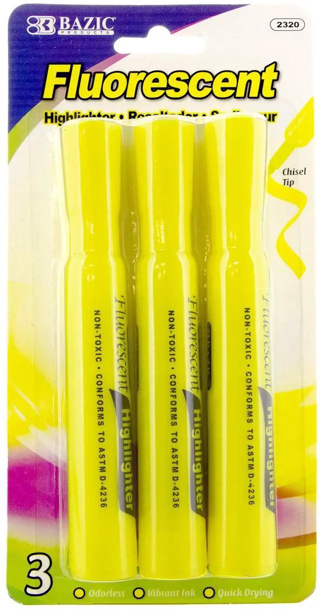 Main image of Highlighter Yellow Color Desk Style, Chisel Tip Broad Fine Line Highlighters, Unscented Highlighting Coloring Marker (3/Pack), 1-Pack | Quick-dry, Yellow fluorescent desk-style highlighters