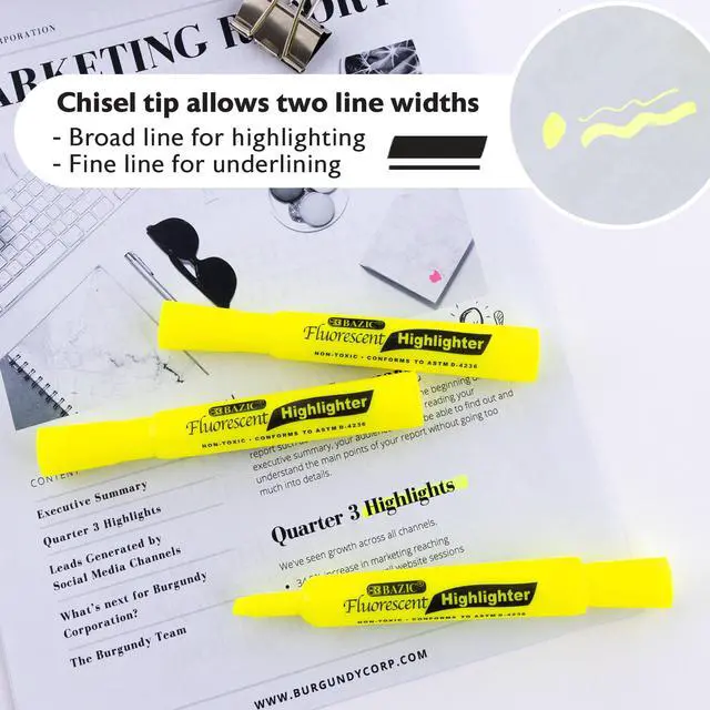 Alt view image 4 of 7 - Highlighter Yellow Color Desk Style, Chisel Tip Broad Fine Line Highlighters, Unscented Highlighting Coloring Marker (3/Pack), 1-Pack | Quick-dry, Yellow fluorescent desk-style highlighters