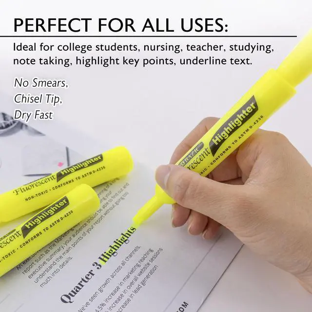 Alt view image 5 of 7 - Highlighter Yellow Color Desk Style, Chisel Tip Broad Fine Line Highlighters, Unscented Highlighting Coloring Marker (3/Pack), 1-Pack | Quick-dry, Yellow fluorescent desk-style highlighters