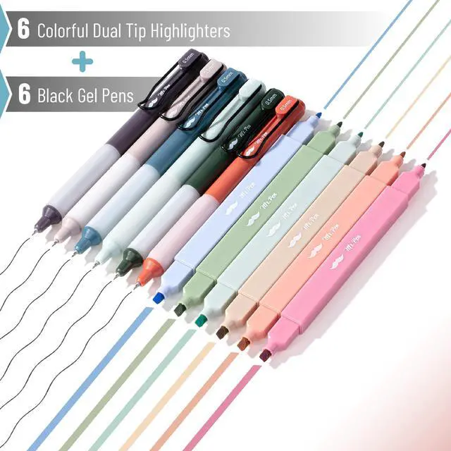Alt view image 2 of 7 - Dual Tip Aesthetic Highlighters and Gel Pens, 12 Pack | Assorted Colors Bible Highlighters No Bleed, Black Ink Gel Pens, Fast Dry and No Smear for Bible Journaling, Planner