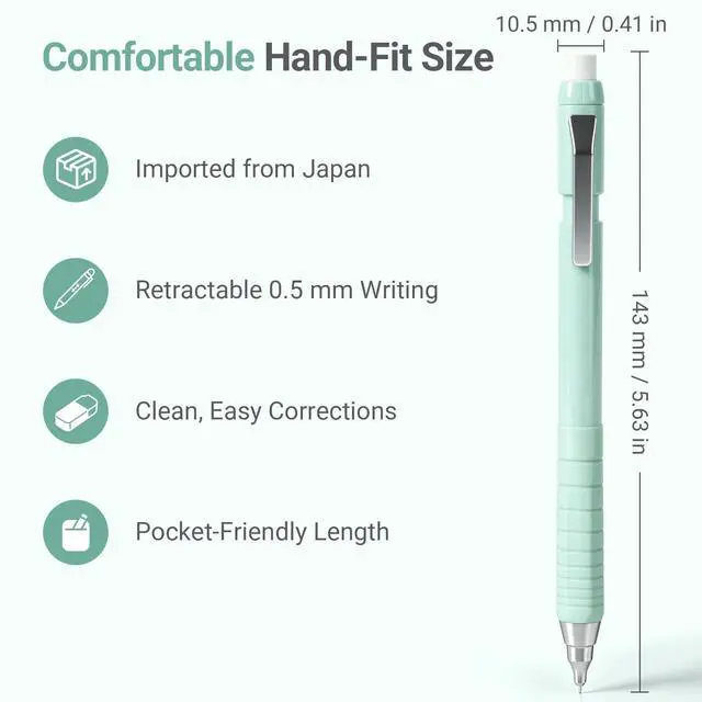 Alt view image 2 of 7 - Campus Mechanical Pencil with Eraser, 0.5 mm Fine Point, Green | Japanese Hexagonal Rubber Grip, Twist-Up Replaceable Eraser & Lead Refills, Retractable Tip, Metal Clip for School & Office
