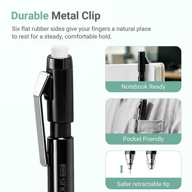 Alt view image 4 of 7 - Campus Mechanical Pencil with Eraser, 0.5 mm Fine Point, Green | Japanese Hexagonal Rubber Grip, Twist-Up Replaceable Eraser & Lead Refills, Retractable Tip, Metal Clip for School & Office