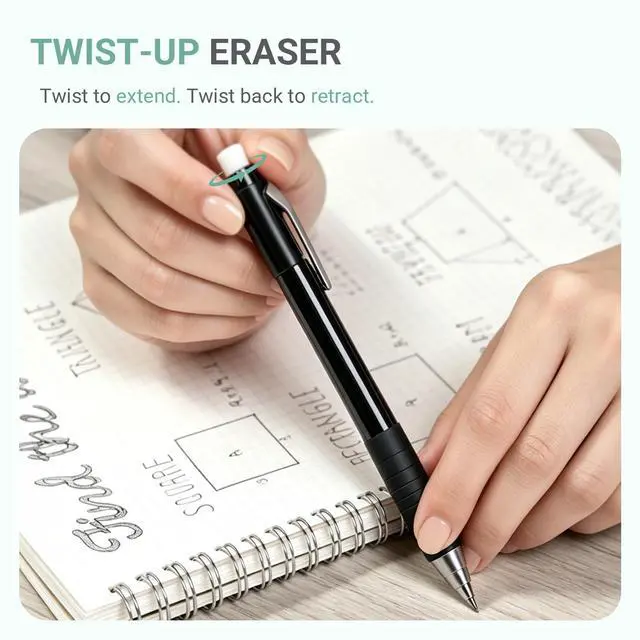 Alt view image 5 of 7 - Campus Mechanical Pencil with Eraser, 0.5 mm Fine Point, Green | Japanese Hexagonal Rubber Grip, Twist-Up Replaceable Eraser & Lead Refills, Retractable Tip, Metal Clip for School & Office