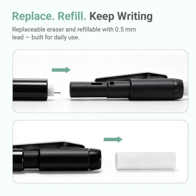Alt view image 6 of 7 - Campus Mechanical Pencil with Eraser, 0.5 mm Fine Point, Green | Japanese Hexagonal Rubber Grip, Twist-Up Replaceable Eraser & Lead Refills, Retractable Tip, Metal Clip for School & Office