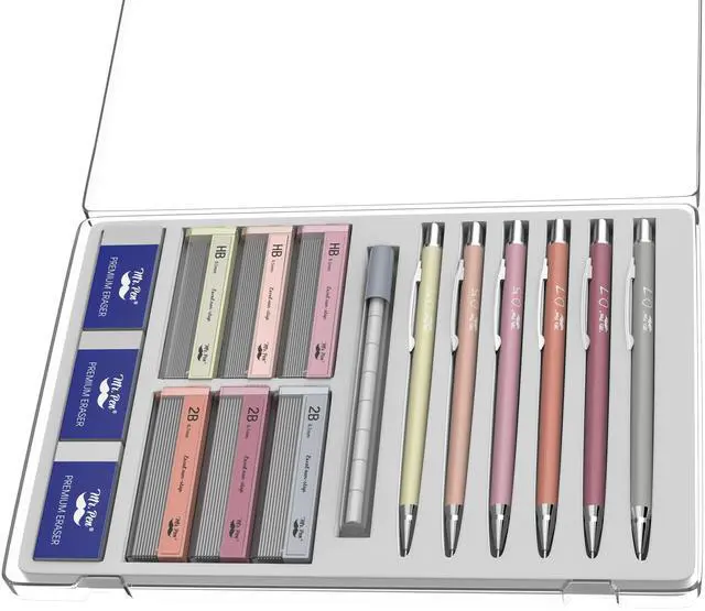 Main image of Cute Mechanical Pencil Set with Lead Refills & Erasers, 6 Pack | 2 Sizes, 0.5 & 0.7mm, 6x Tubes HB & 2B Lead Refill, 3x Erasers for School Supplies, Note Taking, Drawing, Sketching, Office