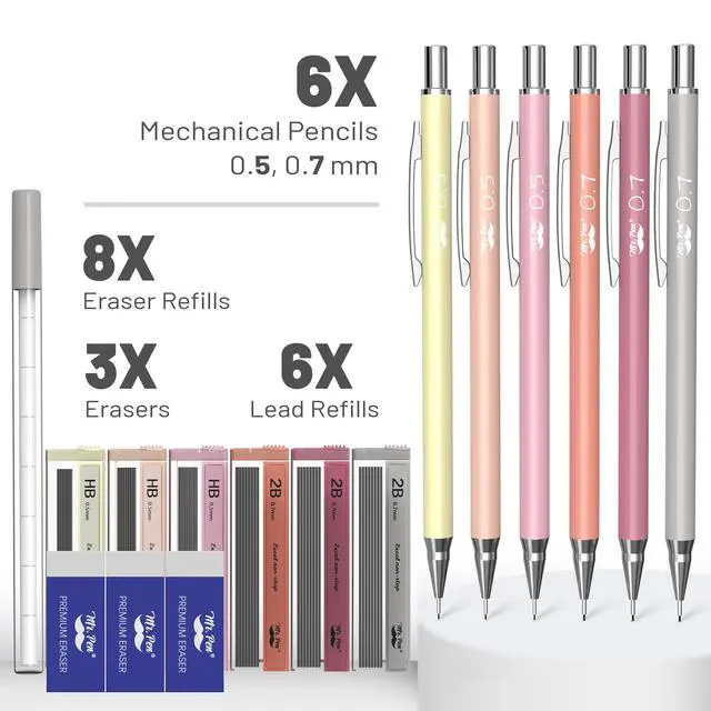 Alt view image 2 of 7 - Cute Mechanical Pencil Set with Lead Refills & Erasers, 6 Pack | 2 Sizes, 0.5 & 0.7mm, 6x Tubes HB & 2B Lead Refill, 3x Erasers for School Supplies, Note Taking, Drawing, Sketching, Office