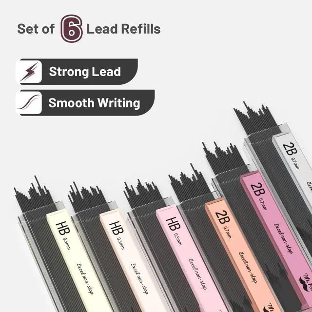 Alt view image 6 of 7 - Cute Mechanical Pencil Set with Lead Refills & Erasers, 6 Pack | 2 Sizes, 0.5 & 0.7mm, 6x Tubes HB & 2B Lead Refill, 3x Erasers for School Supplies, Note Taking, Drawing, Sketching, Office