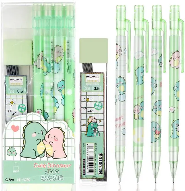 Main image of 4 Pcs Cute Mechanical Pencil Set, Including 0.5mm Cartoon Green Mechanical Pencils with 1 Tubes Refills Stationary Back to School Office Supplies for Writing Drawing Sketching