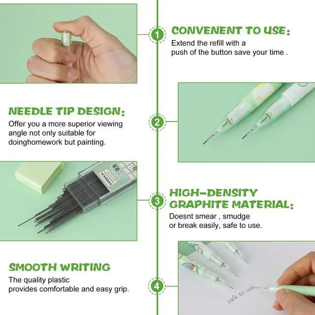 Alt view image 2 of 7 - 4 Pcs Cute Mechanical Pencil Set, Including 0.5mm Cartoon Green Mechanical Pencils with 1 Tubes Refills Stationary Back to School Office Supplies for Writing Drawing Sketching