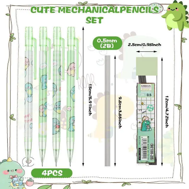 Alt view image 4 of 7 - 4 Pcs Cute Mechanical Pencil Set, Including 0.5mm Cartoon Green Mechanical Pencils with 1 Tubes Refills Stationary Back to School Office Supplies for Writing Drawing Sketching
