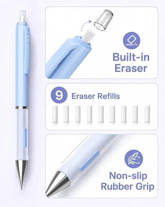 Alt view image 6 of 7 - 0.7mm Pastel Mechanical Pencil Set with Case, 3-Pack | 360 Leads, 3 Erasers+9 Refills, Cute Pink/Purple/Blue Barrels, Non-Slip Grip, for School Notes & Everyday Writing