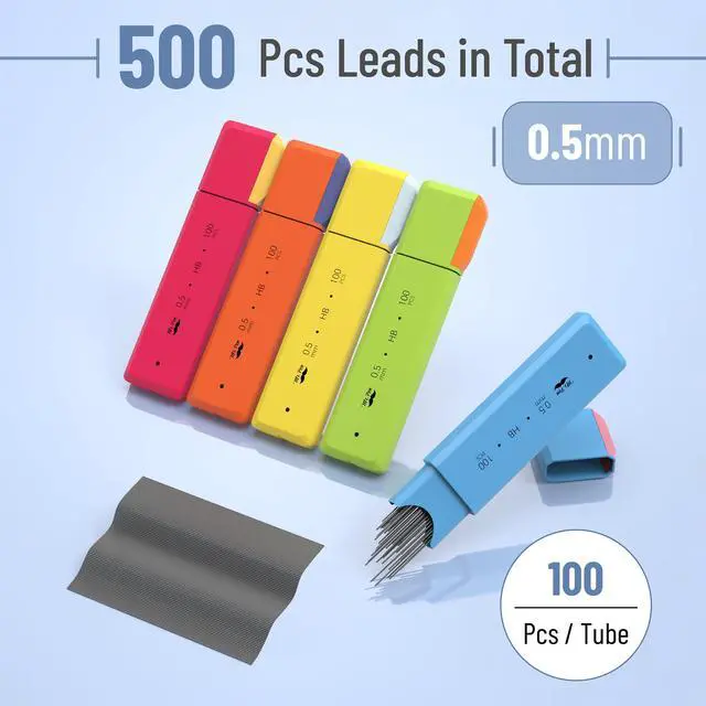 Alt view image 2 of 7 - 0.5 mm Lead Refills for Mechanical Pencils, 500 pcs (100 per Tube) | Black, HB Graphite Lead, Standard Mechanical Pencil Refills for Drawing and Sketching
