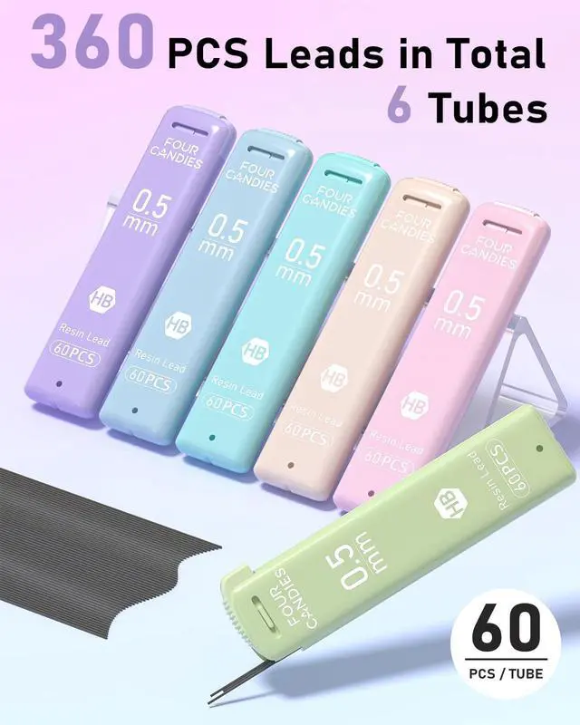 Alt view image 3 of 7 - 0.5mm Lead Refills in Cute Case, Pack of 360PCS | 6 Tubes of 0.5 Leads, Black HB #2 Break Resistant Mechanical Pencil Refills, 60 Pieces per Tube