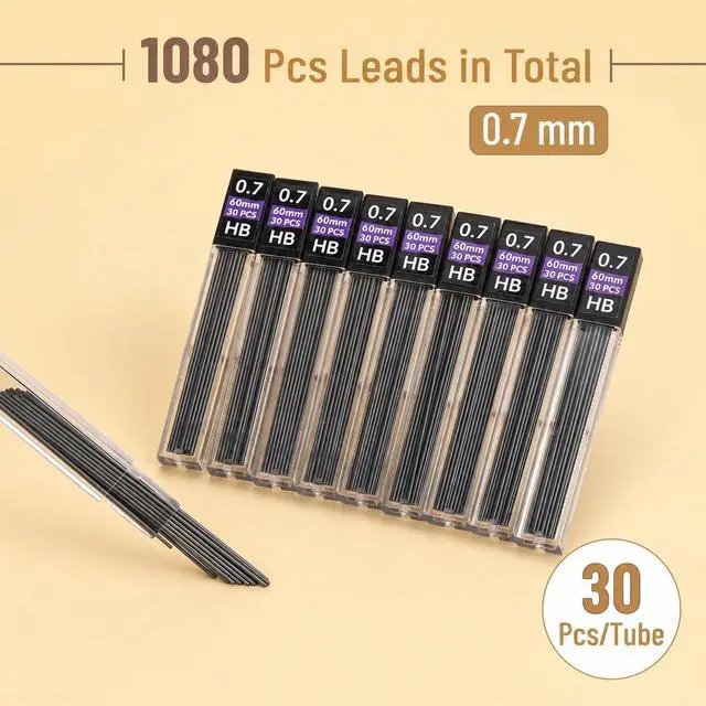 Alt view image 2 of 6 - Bulk 0.7 mm Lead Refills for Mechanical Pencils, 1080 pcs | (30 per Tube) with 2x 4B Erasers, HB Graphite Lead, Standard Mechanical Pencil Refills for Drawing and Sketching