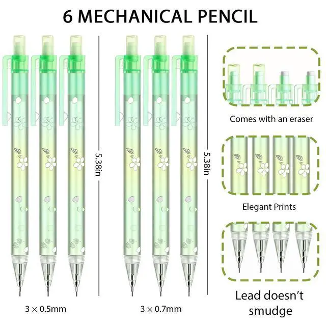 Alt view image 2 of 7 - 6Pcs Green Cherry Blossom Mechanical Pencils, 0.5mm & 0.7mm Pencils | Cute Green Cherry Blossom Design with Kawaii Mechanical Pencils, Smooth Writing for School, Office and Daily Use
