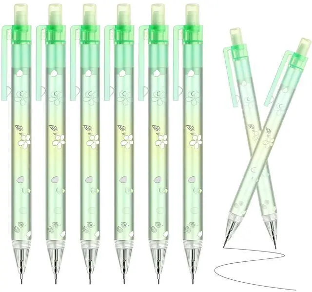 Main image of 6Pcs Green Cherry Blossom Mechanical Pencils, 0.5mm & 0.7mm Pencils | Cute Green Cherry Blossom Design with Kawaii Mechanical Pencils, Smooth Writing for School, Office and Daily Use