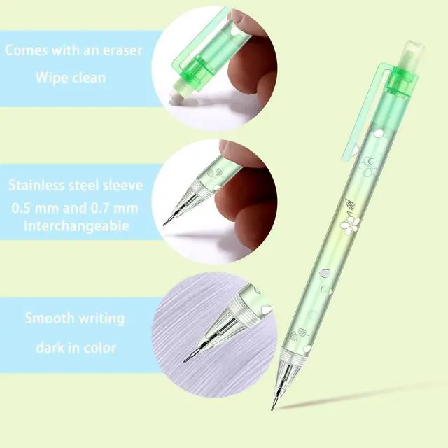 Alt view image 3 of 7 - 6Pcs Green Cherry Blossom Mechanical Pencils, 0.5mm & 0.7mm Pencils | Cute Green Cherry Blossom Design with Kawaii Mechanical Pencils, Smooth Writing for School, Office and Daily Use