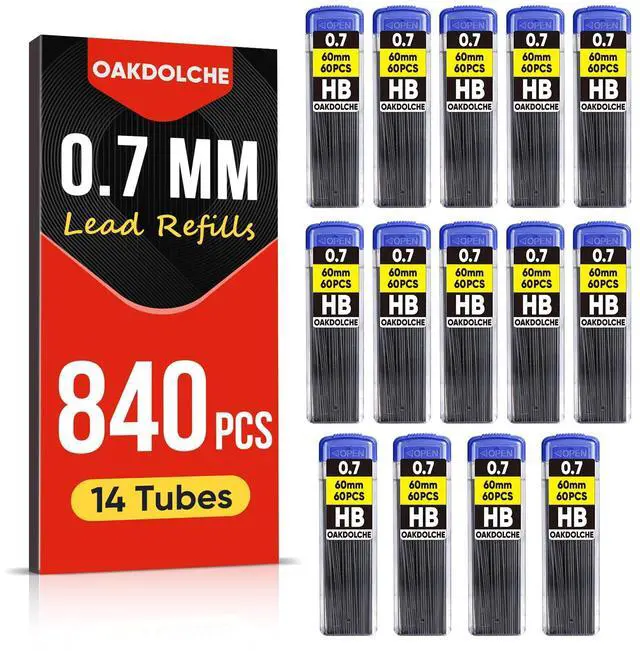 Main image of 840 Pcs 0.7mm HB Mechanical Pencil Lead Refills, Break Resistant | Break-resistant black pencil leads, 14 tubes with 60 pieces each