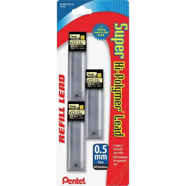Alt view image 4 of 5 - Super Hi-Polymer Lead Refills, (0.5 mm), Fine, HB, Pack of 3, 90 Pieces (C25BPHB3-K6)