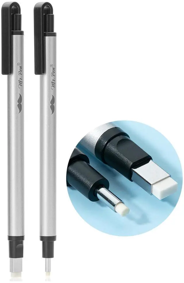 Main image of Pen Style Eraser Set, 2 Pack, Square & Round Tip | Precision Pencil Erasers, Retractable Silver Eraser Pens for Drawing, Sketching, Detail Correction, Office & School Supplies