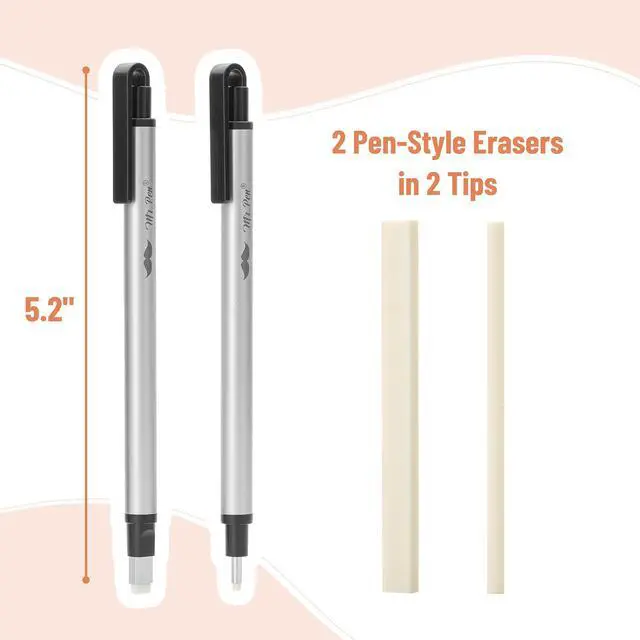 Alt view image 2 of 7 - Pen Style Eraser Set, 2 Pack, Square & Round Tip | Precision Pencil Erasers, Retractable Silver Eraser Pens for Drawing, Sketching, Detail Correction, Office & School Supplies