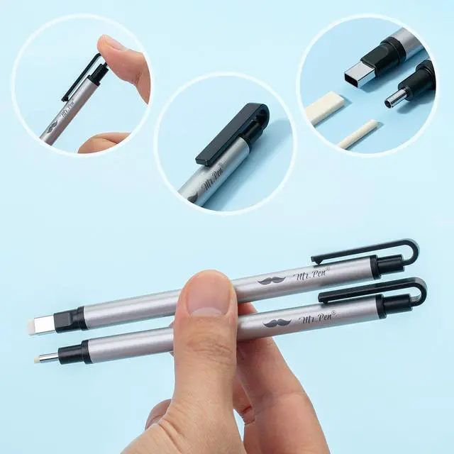 Alt view image 6 of 7 - Pen Style Eraser Set, 2 Pack, Square & Round Tip | Precision Pencil Erasers, Retractable Silver Eraser Pens for Drawing, Sketching, Detail Correction, Office & School Supplies