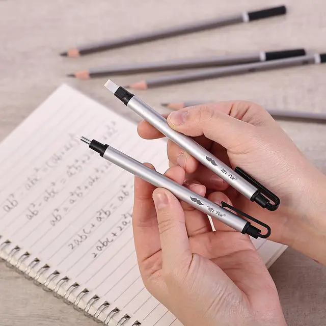 Alt view image 7 of 7 - Pen Style Eraser Set, 2 Pack, Square & Round Tip | Precision Pencil Erasers, Retractable Silver Eraser Pens for Drawing, Sketching, Detail Correction, Office & School Supplies