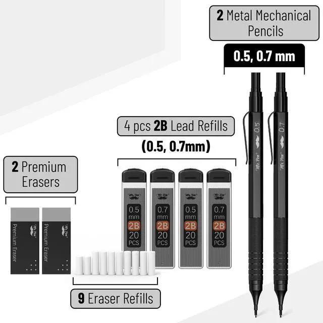 Alt view image 2 of 7 - Metal Mechanical Pencil Set with Lead Refills & Erasers, 2 Pack | 2 Sizes, 0.5 & 0.7mm, 4x Tubes 2B Lead Refill, 2x Erasers for School Supplies, Note Taking, Drawing, Fathers Day Gift