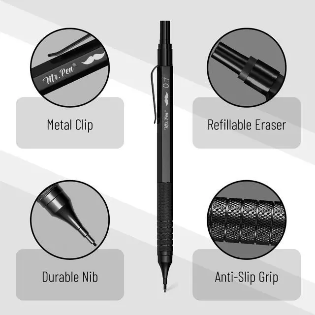 Alt view image 3 of 7 - Metal Mechanical Pencil Set with Lead Refills & Erasers, 2 Pack | 2 Sizes, 0.5 & 0.7mm, 4x Tubes 2B Lead Refill, 2x Erasers for School Supplies, Note Taking, Drawing, Fathers Day Gift
