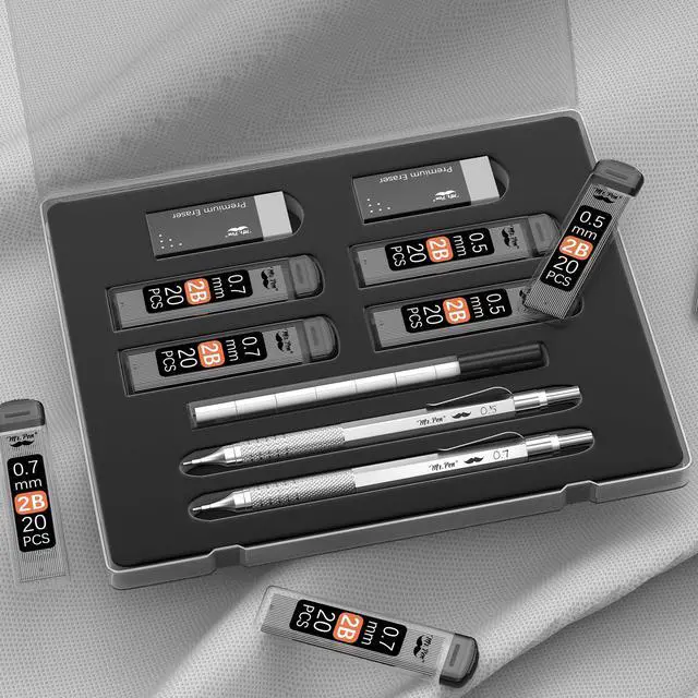 Alt view image 7 of 7 - Metal Mechanical Pencil Set with Lead Refills & Erasers, 2 Pack | 2 Sizes, 0.5 & 0.7mm, 4x Tubes 2B Lead Refill, 2x Erasers for School Supplies, Note Taking, Drawing, Fathers Day Gift