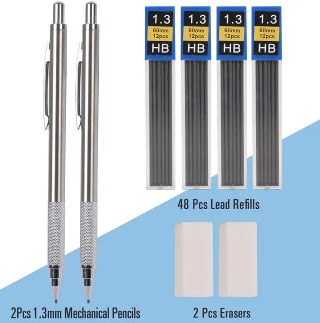 Alt view image 6 of 7 - 1.3 mm Mechanical Pencil Set with 4 Tubes Lead Refills,2 Eraser,1.3mm Mechanical Pencils,Metal Drafting Pencil, Lead Holder,Drawing Mechanical Pencils,Carpenter Pencils for Marking, Sketching