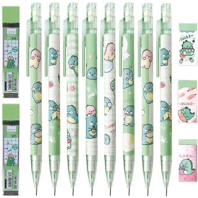 Main image of Cute Dinosaur Mechanical Pencil Set Includes 0.5mm and 0.7mm Pencils with Lead Refills and Erasers, Green Kawaii Mechanical Pencil for Women Girl Men Boy Office School Supplies (Dinosaur)