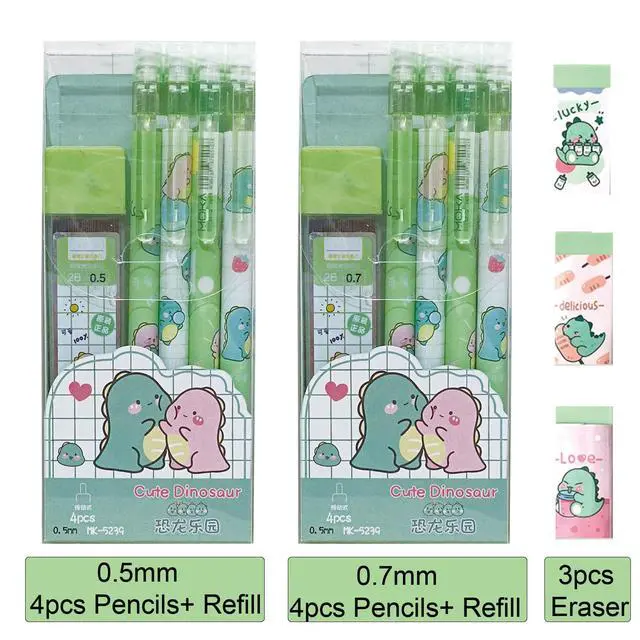 Alt view image 2 of 7 - Cute Dinosaur Mechanical Pencil Set Includes 0.5mm and 0.7mm Pencils with Lead Refills and Erasers, Green Kawaii Mechanical Pencil for Women Girl Men Boy Office School Supplies (Dinosaur)