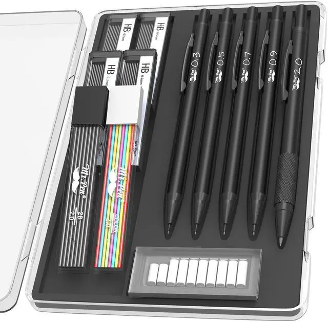 Main image of Metal Mechanical Pencil Set with Lead Refills & Erasers, 5 Pack | 5 Sizes, 0.3, 0.5, 0.7, 0.9 & 2mm, 6x Tubes HB, 2B & Colored Lead Refills for School Supplies, Note Taking, Fathers Day Gift